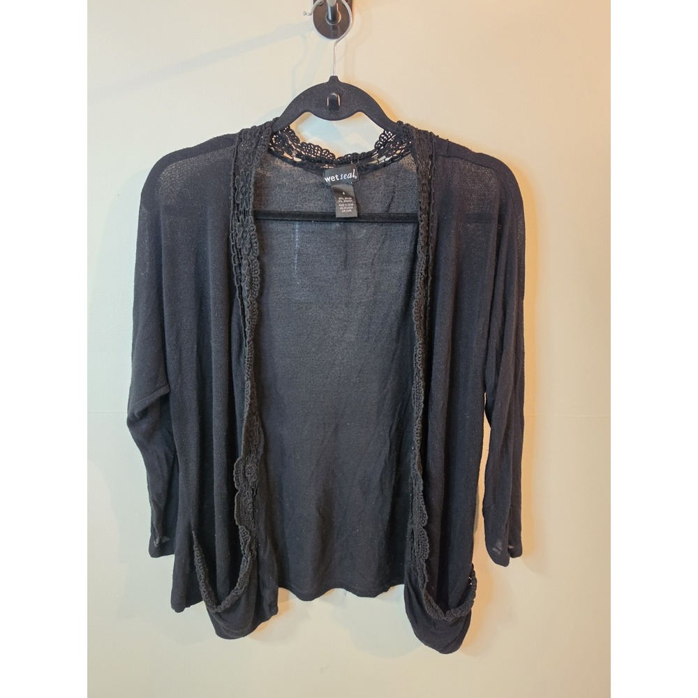 Y2K Wet Seal Womens Small Open Front Cardigan Lace Trim Dark Academia Layering